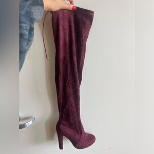 Maroon over the knee faux-suede boots. Sexy or casual
